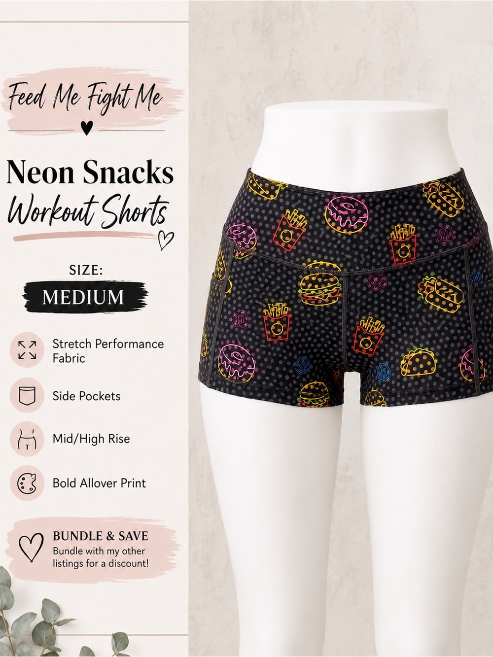 Feed me fight me medium Neon Snacks Workout Shorts - Black with Neon Print fmfm